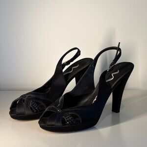 Nina Black Satin Peep-Toe Heels